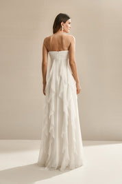 Vestido Longo com Decote Coração Franzido e Babados em Vertical na Saia - Ava Off White