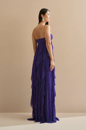 Vestido Longo com Decote Coração Franzido e Babados em Vertical na Saia - Ava Roxo Escuro