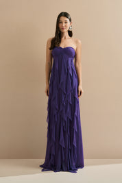 Vestido Longo com Decote Coração Franzido e Babados em Vertical na Saia - Ava Roxo Escuro