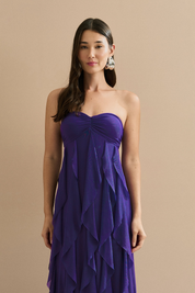Vestido Longo com Decote Coração Franzido e Babados em Vertical na Saia - Ava Roxo Escuro