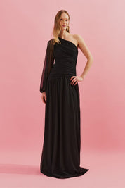 Vestido Longo com Decote de Ombro Único, Manga Longa e Franzidos - Adana Preto