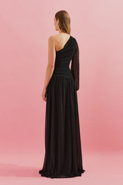 Vestido Longo com Decote de Ombro Único, Manga Longa e Franzidos - Adana Preto