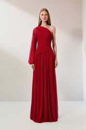 Vestido Longo com Decote de Ombro Único, Manga Longa e Franzidos - Adana Vermelho