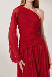 Vestido Longo com Decote de Ombro Único, Manga Longa e Franzidos - Adana Vermelho
