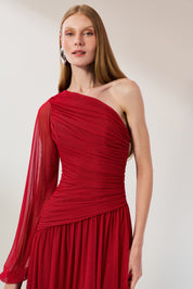 Vestido Longo com Decote de Ombro Único, Manga Longa e Franzidos - Adana Vermelho