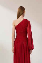 Vestido Longo com Decote de Ombro Único, Manga Longa e Franzidos - Adana Vermelho