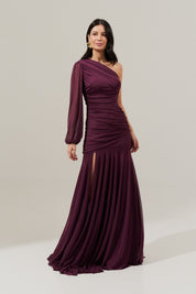 Vestido Longo com Decote de Ombro Único, Drapeados e Shape Sereia - Amsterdã Marsala Escuro