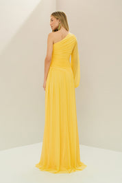 Vestido Longo com Decote de Ombro Único, Manga Longa e Franzidos - Adana Amarelo Manga