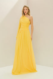 Vestido Longo com Decote de Ombro Único, Manga Longa e Franzidos - Adana Amarelo Manga