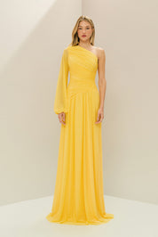 Vestido Longo com Decote de Ombro Único, Manga Longa e Franzidos - Adana Amarelo Manga