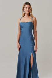 Vestido Longo com Decote Degage e Amarração cruzada nas costas - Gaia Azul Jeans