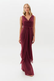 Vestido Longo com Decote Degage e Amarração na Cintura - Acapulco Marsala