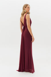 Vestido Longo com Decote Degage e Amarração na Cintura - Acapulco Marsala