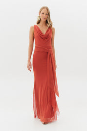 Vestido Longo com Decote Degage e Amarração na Cintura - Acapulco Terracota