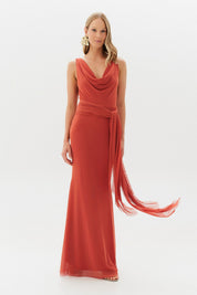 Vestido Longo com Decote Degage e Amarração na Cintura - Acapulco Terracota