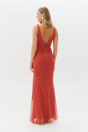 Vestido Longo com Decote Degage e Amarração na Cintura - Acapulco Terracota