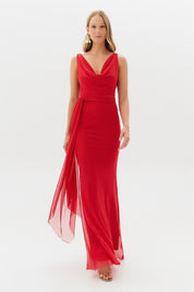 Vestido Longo com Decote Degage e Amarração na Cintura - Acapulco Vermelho