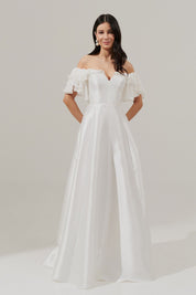 Vestido Longo com Decote e Mangas Ombro a Ombro - Coreia Off White