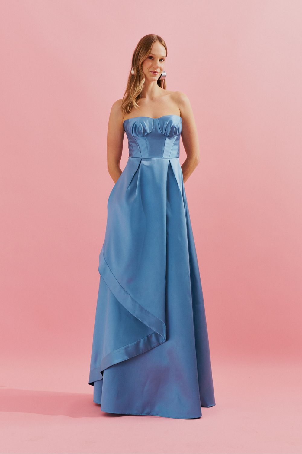 Vestido Longo com Decote Franzido e Saia Envelope e Pregas - Singapura Azul