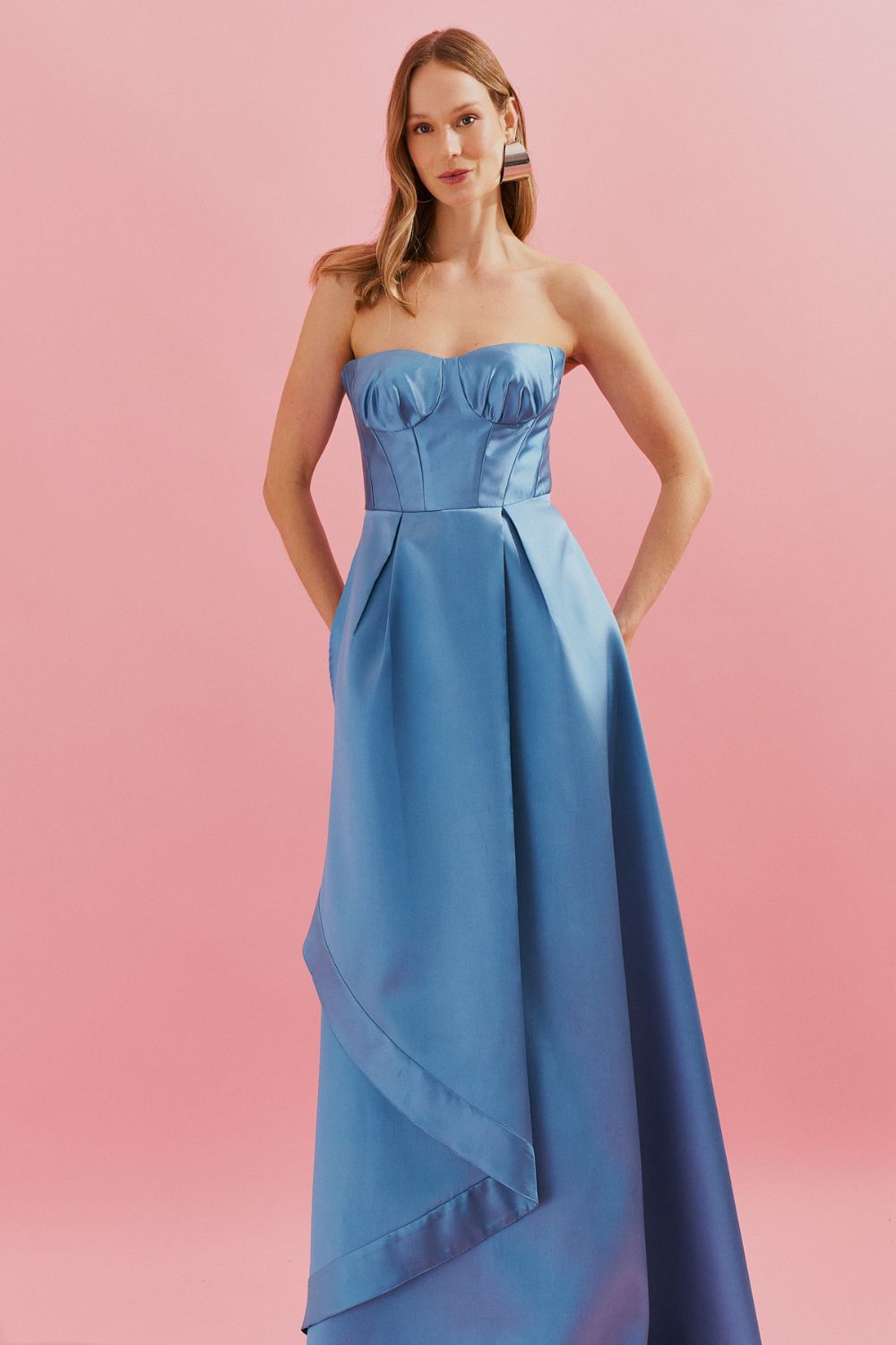 Vestido Longo com Decote Franzido e Saia Envelope e Pregas - Singapura Azul