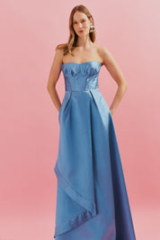 Vestido Longo com Decote Franzido e Saia Envelope e Pregas - Singapura Azul