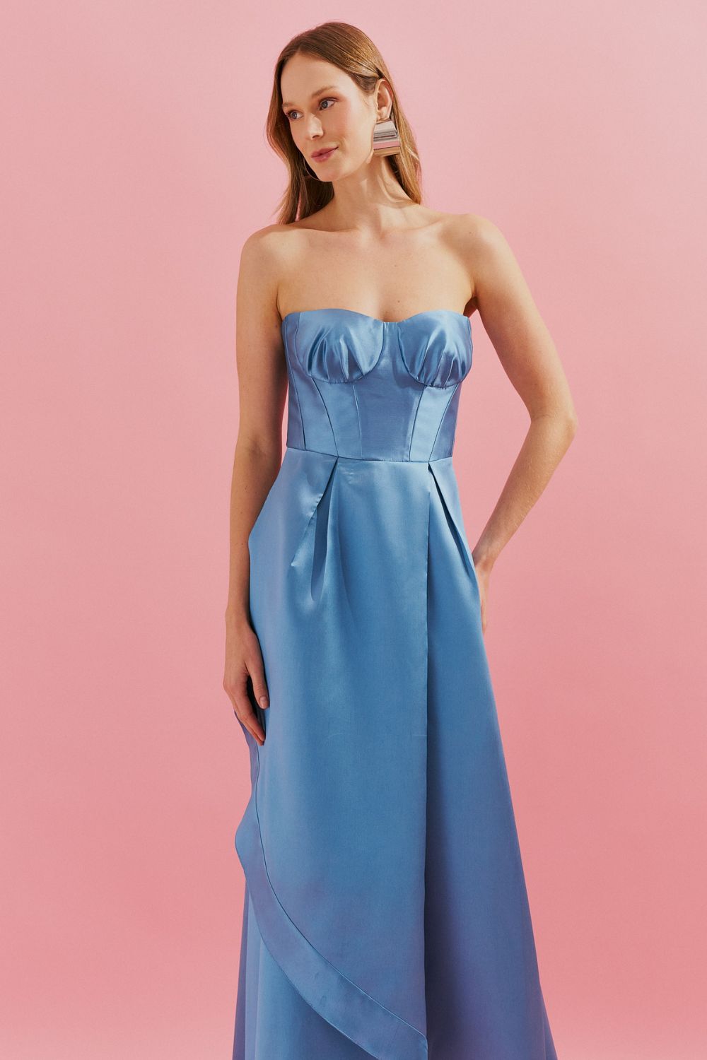 Vestido Longo com Decote Franzido e Saia Envelope e Pregas - Singapura Azul