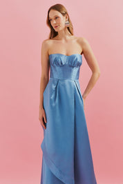 Vestido Longo com Decote Franzido e Saia Envelope e Pregas - Singapura Azul