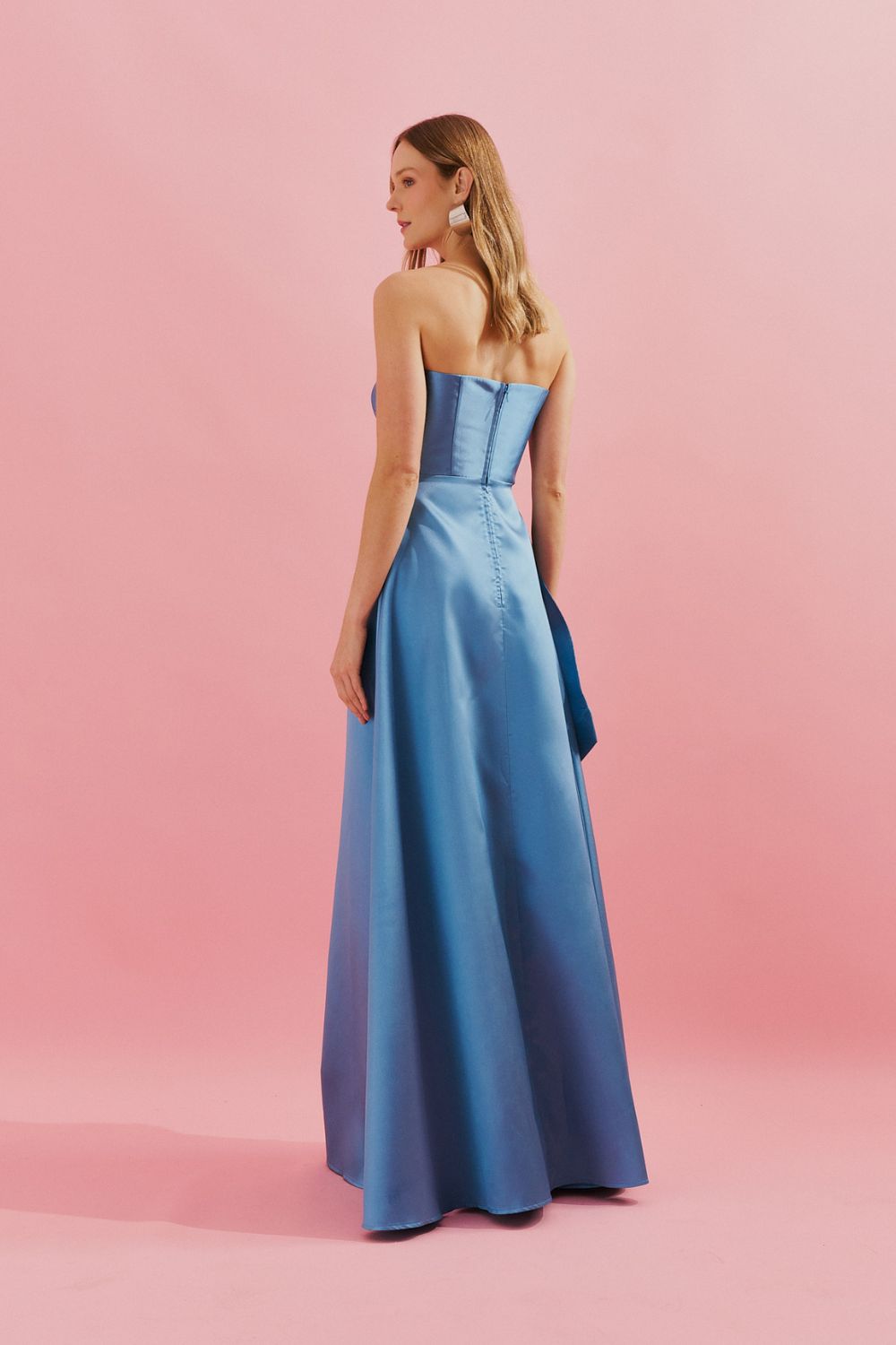 Vestido Longo com Decote Franzido e Saia Envelope e Pregas - Singapura Azul