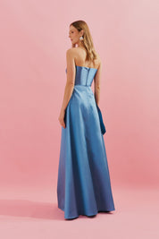 Vestido Longo com Decote Franzido e Saia Envelope e Pregas - Singapura Azul