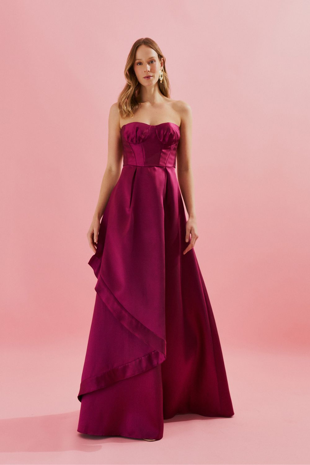 Vestido Longo com Decote Franzido e Saia Envelope e Pregas - Singapura Fúcsia