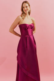 Vestido Longo com Decote Franzido e Saia Envelope e Pregas - Singapura Fúcsia