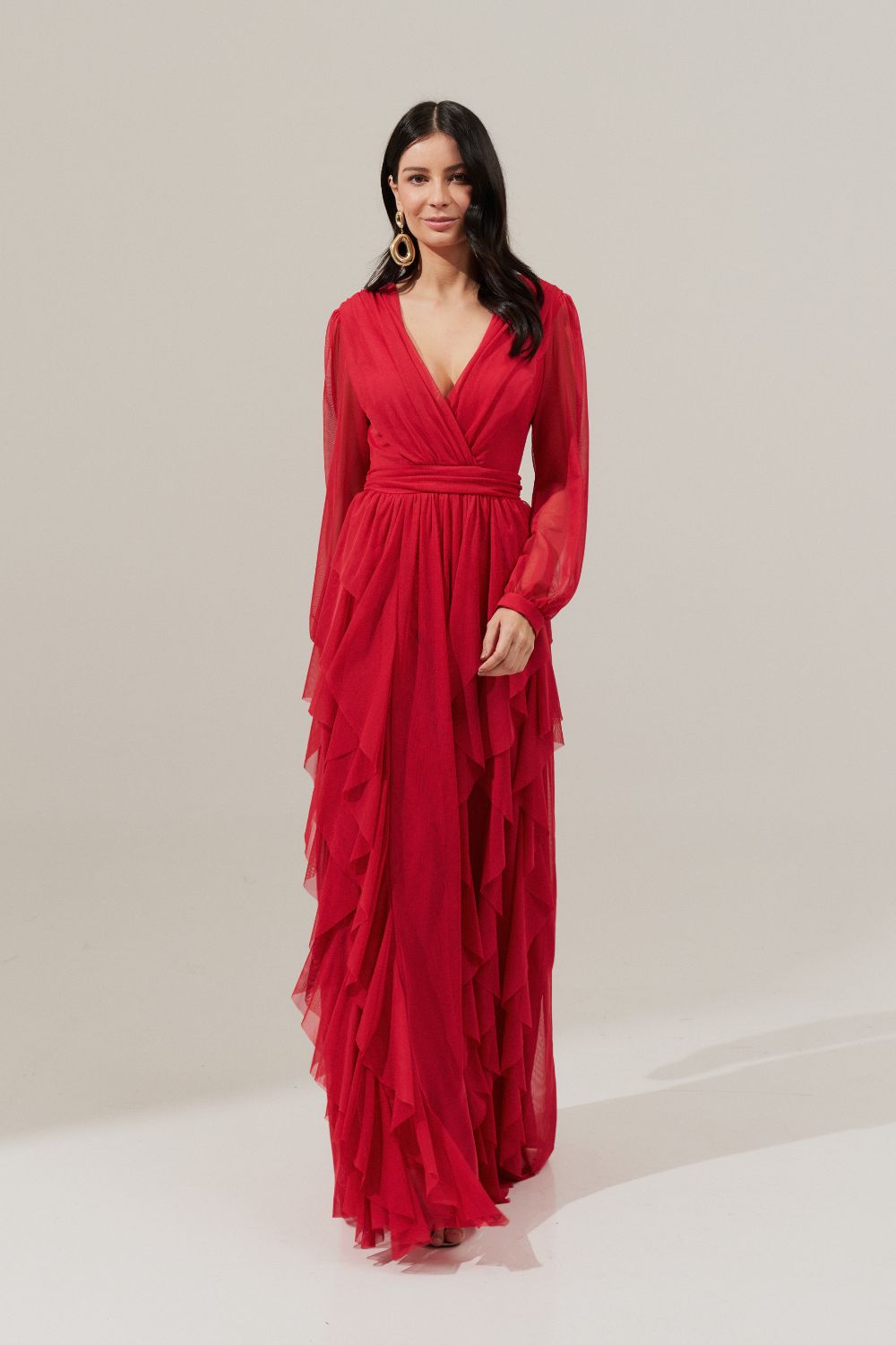 Vestido Longo com Decote Frontal Transpassado e Saia com Babados - Estonia Vermelho