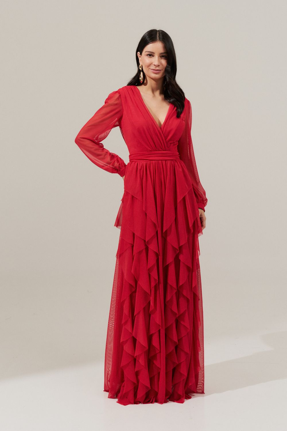 Vestido Longo com Decote Frontal Transpassado e Saia com Babados - Estonia Vermelho