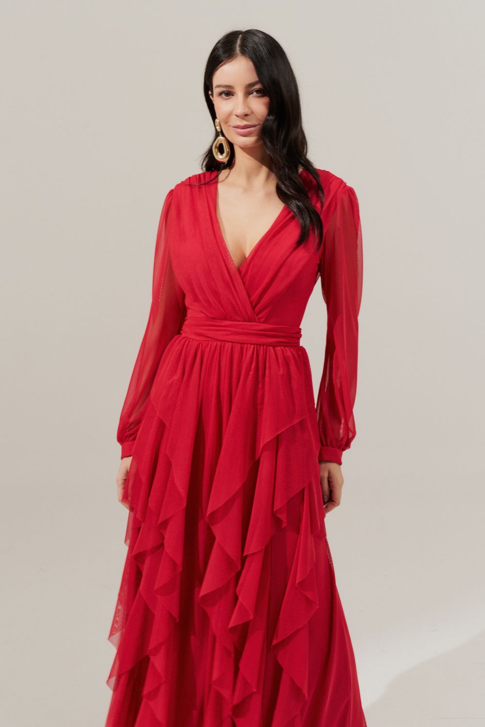 Vestido Longo com Decote Frontal Transpassado e Saia com Babados - Estonia Vermelho