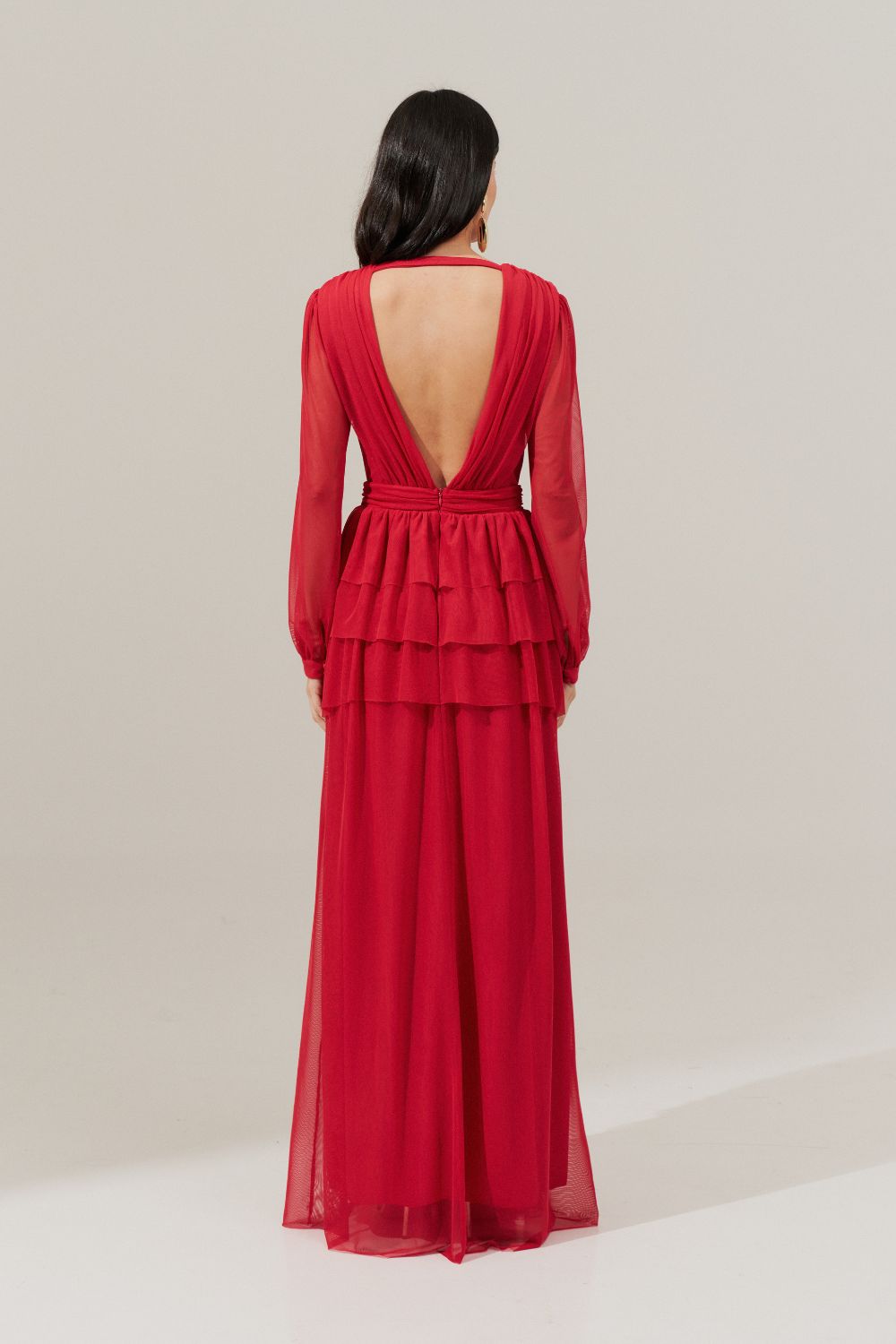 Vestido Longo com Decote Frontal Transpassado e Saia com Babados - Estonia Vermelho