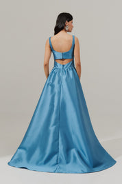 Vestido Longo com Decote Quadrado, Abertura nas Costas e Saia Franzida - Austria Azul