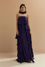 Vestido Longo com Decote Reto, Babados na Saia e Echarpe - Catalunha Roxo