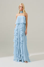 Vestido Longo com Decote Reto, Babados na Saia e Echarpe - Catalunha Azul Serenity