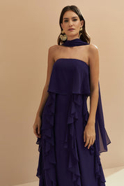 Vestido Longo com Decote Reto, Babados na Saia e Echarpe - Catalunha Roxo