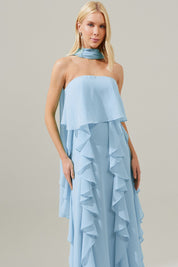 Vestido Longo com Decote Reto, Babados na Saia e Echarpe - Catalunha Azul Serenity