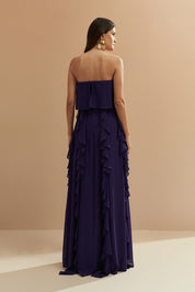 Vestido Longo com Decote Reto, Babados na Saia e Echarpe - Catalunha Roxo