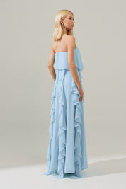 Vestido Longo com Decote Reto, Babados na Saia e Echarpe - Catalunha Azul Serenity