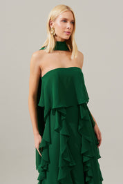 Vestido Longo com Decote Reto, Babados na Saia e Echarpe - Catalunha Verde Bandeira