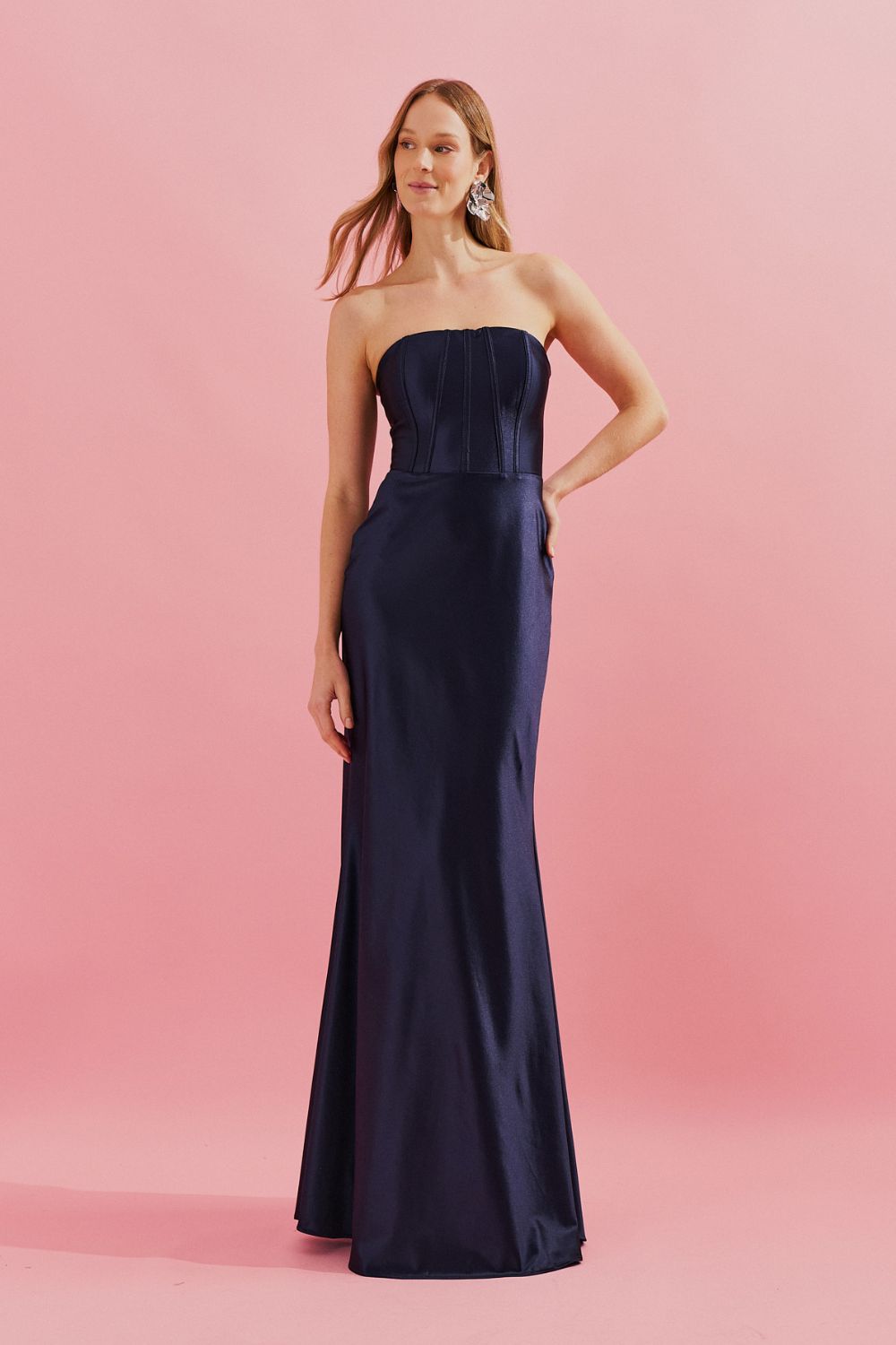 Vestido Longo com Decote Reto e Barbatanas no Busto - Antalia Azul Marinho