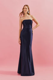 Vestido Longo com Decote Reto e Barbatanas no Busto - Antalia Azul Marinho