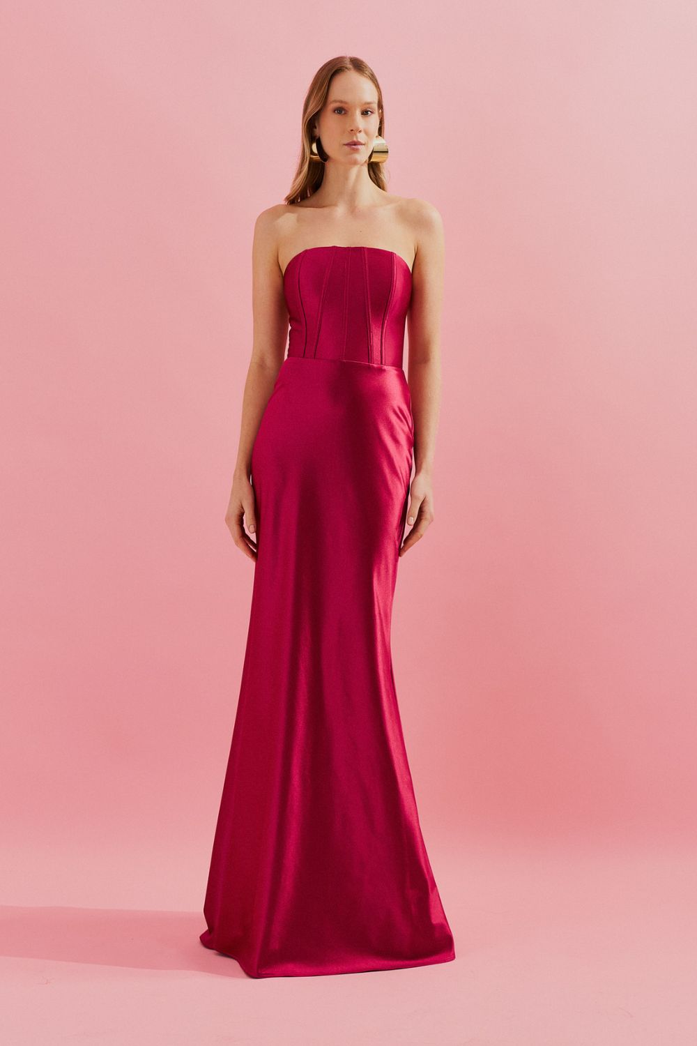 Vestido Longo com Decote Reto e Barbatanas no Busto - Antalia Vermelho
