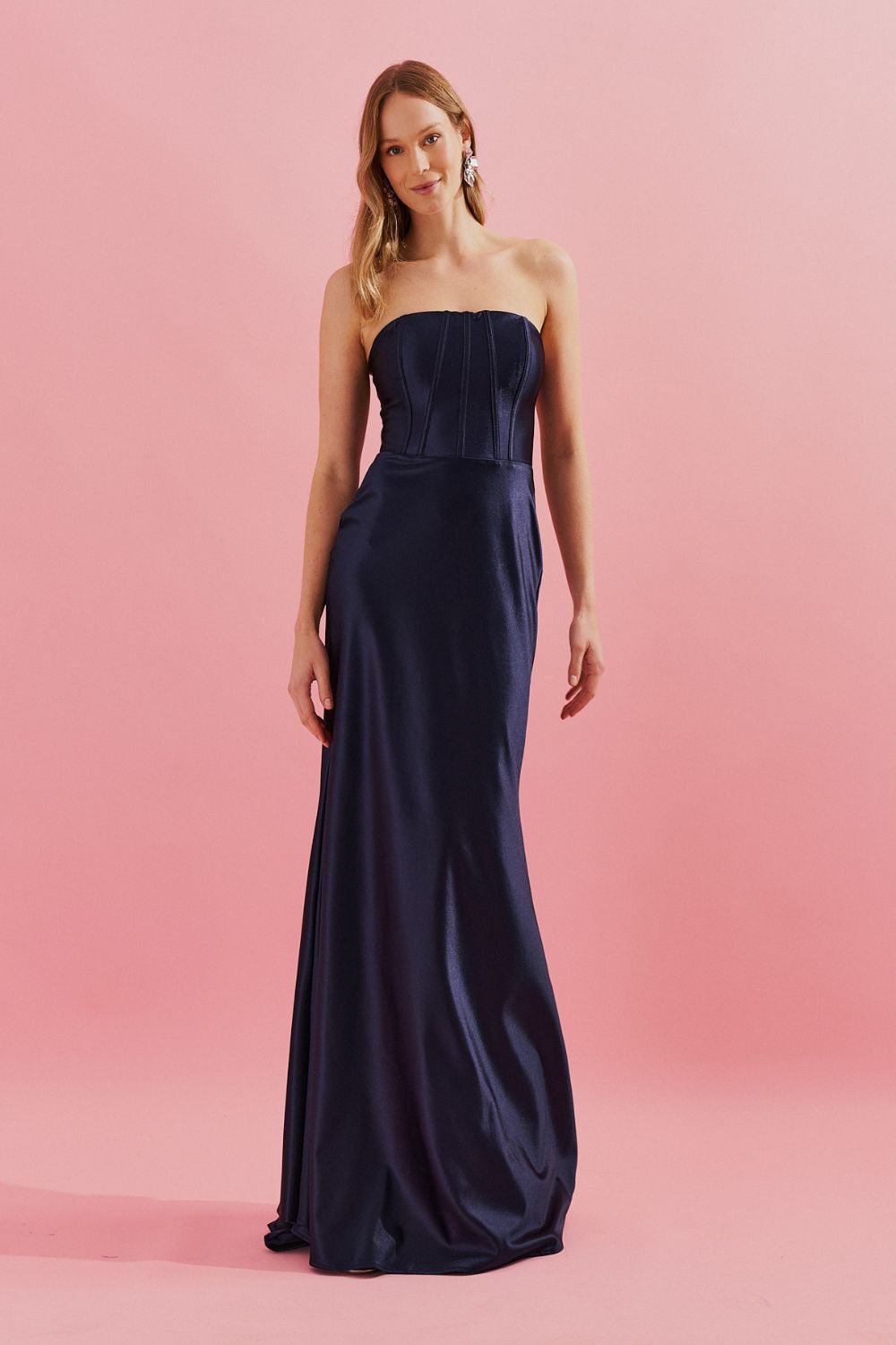Vestido Longo com Decote Reto e Barbatanas no Busto - Antalia Azul Marinho
