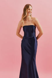 Vestido Longo com Decote Reto e Barbatanas no Busto - Antalia Azul Marinho