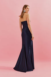 Vestido Longo com Decote Reto e Barbatanas no Busto - Antalia Azul Marinho