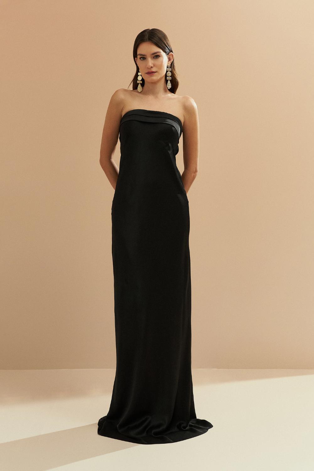 Vestido Longo com Decote Reto e Decote Profundo nas Costas - Marbella Preto